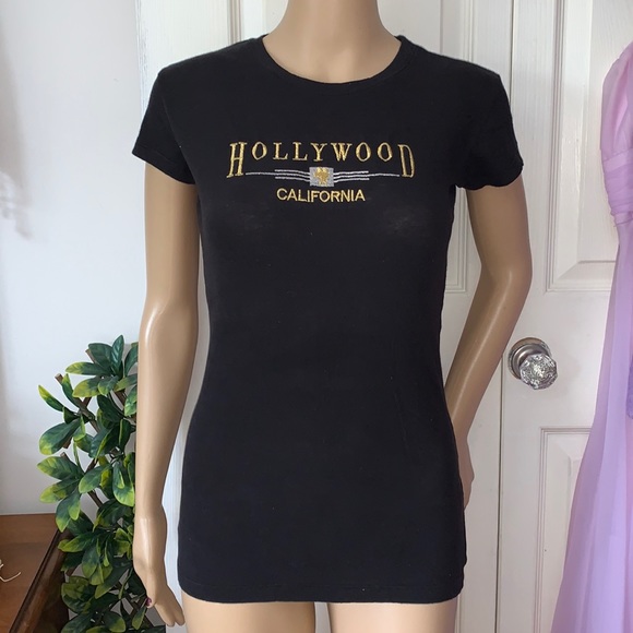 Hollywood California y2k Cap sleeve black skinny slim fitted T-shirt tunic top M - Picture 1 of 9